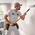 Målare som utför målningsarbete på bostad – vitmålning av vardagsrumsvägg i ljus och välordnad hemmiljö.